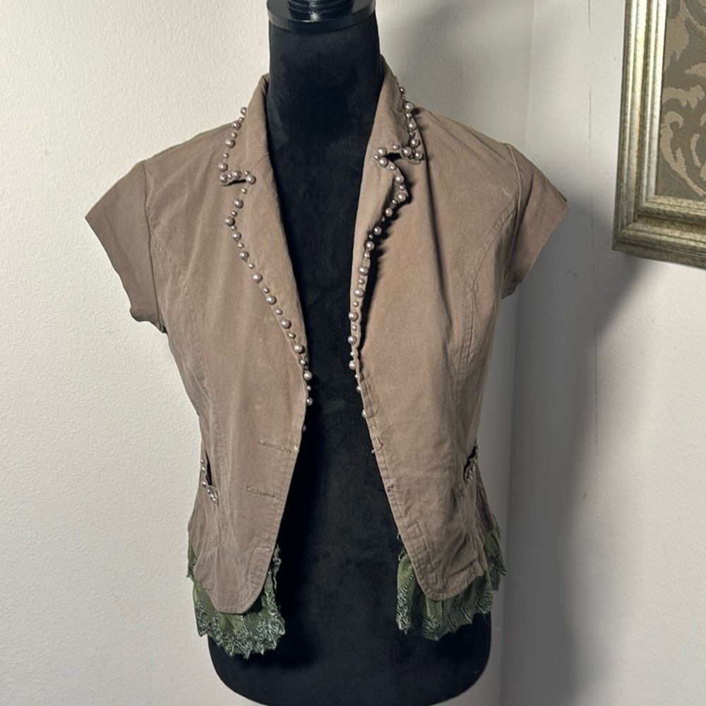 Kelly USA olive green embellished 100%‎ cotton vest pearls lace Sz L